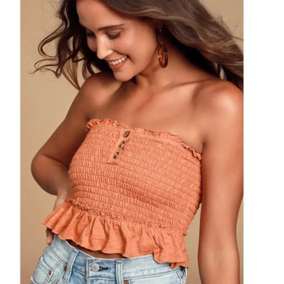Free People Tops - Free People Babe Rust Orange Smocked Tube Top with Button Detail size small
